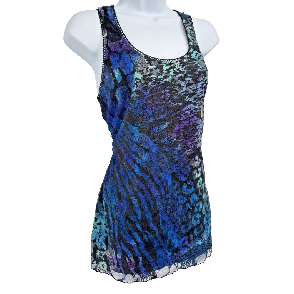 Y2K Self Esteem Animal Print Tank Lace Blue purple Sheer burnout Emo‎ Cyber Rave